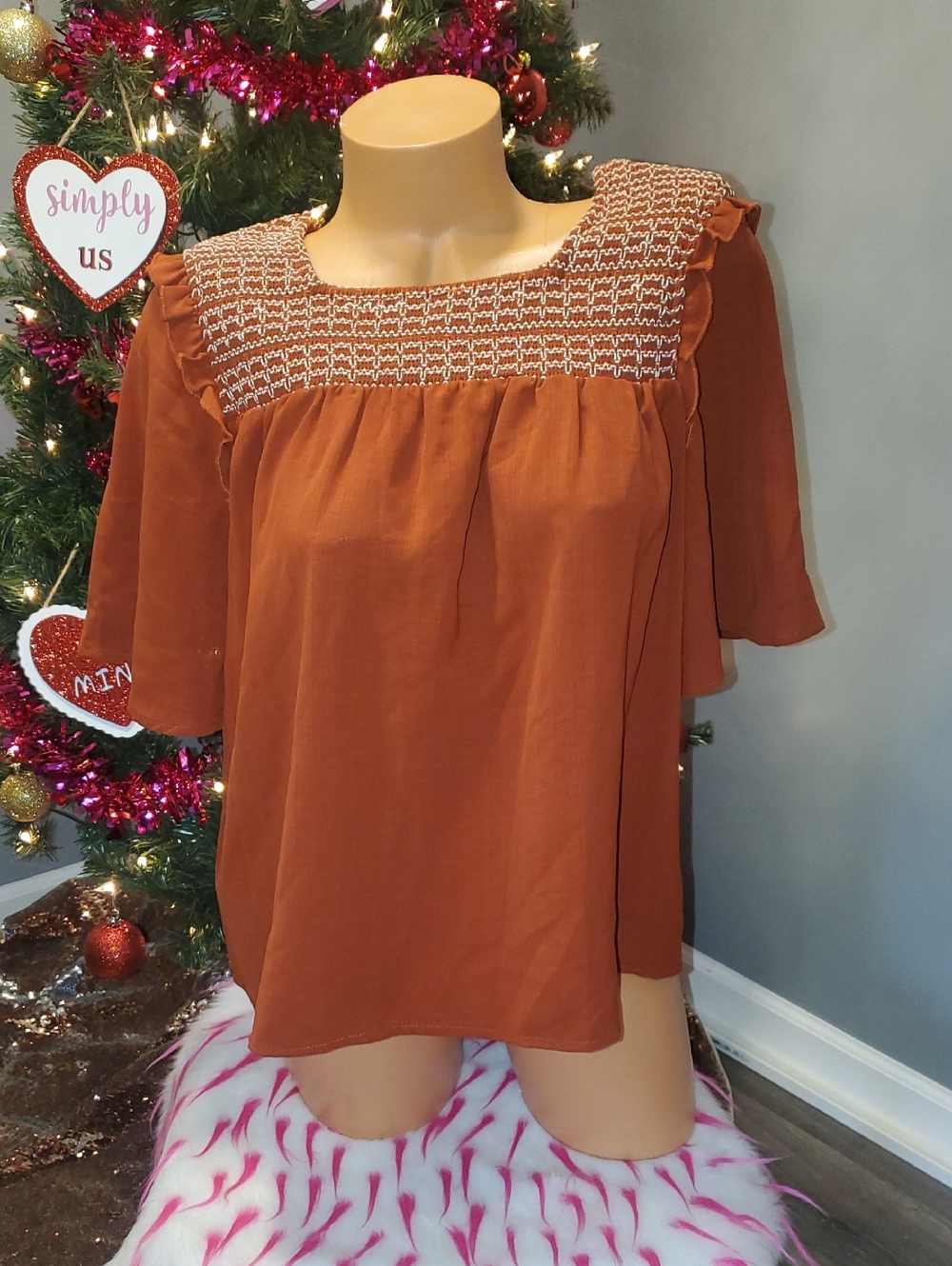 Boutique Tea n Rose Rust Smocked Square-Neck Peasant Blouse